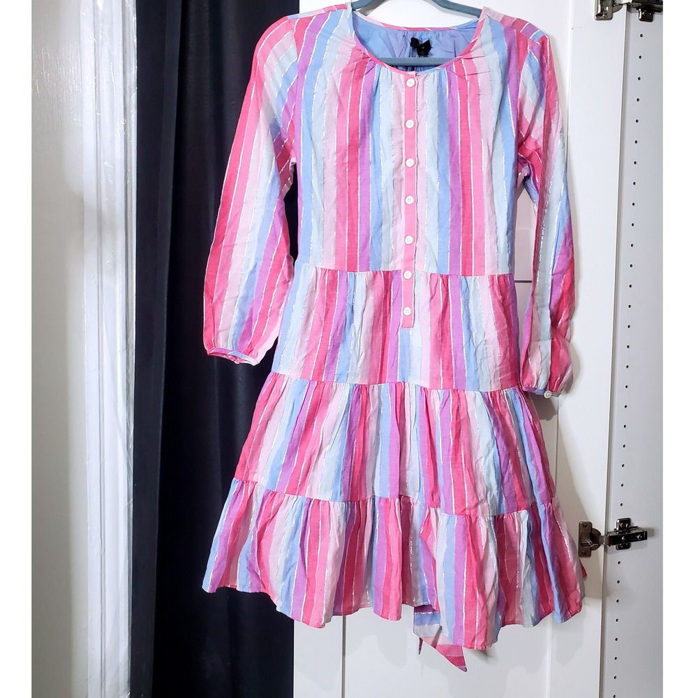 NWT J. Crew Dress XS Pink Blue Striped Tiered Long Sleeve Casual‎ Womens
